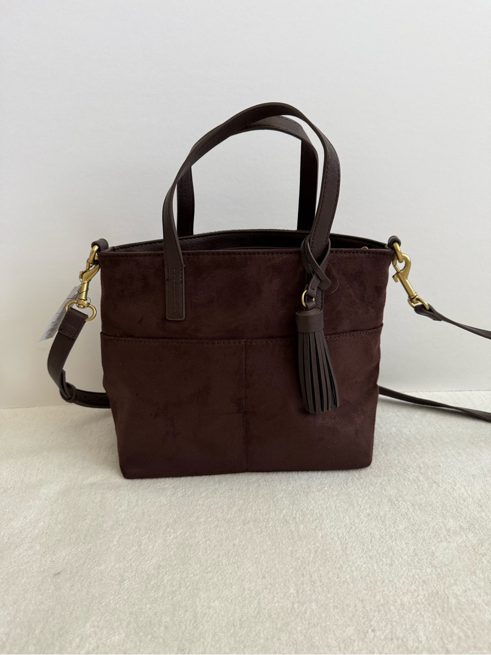 Brown Faux Suede Mini Tote Bag Crossbody Tassel Boho Casual NWT Sonoma